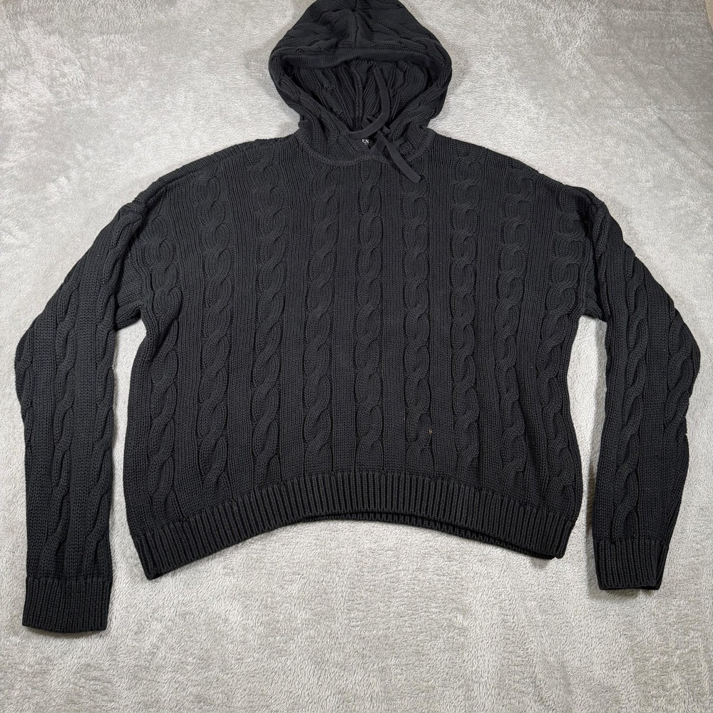 Lauren Ralph Lauren Sweater Womens Large Black Cable Knit Hooded Pullover Hoodie
